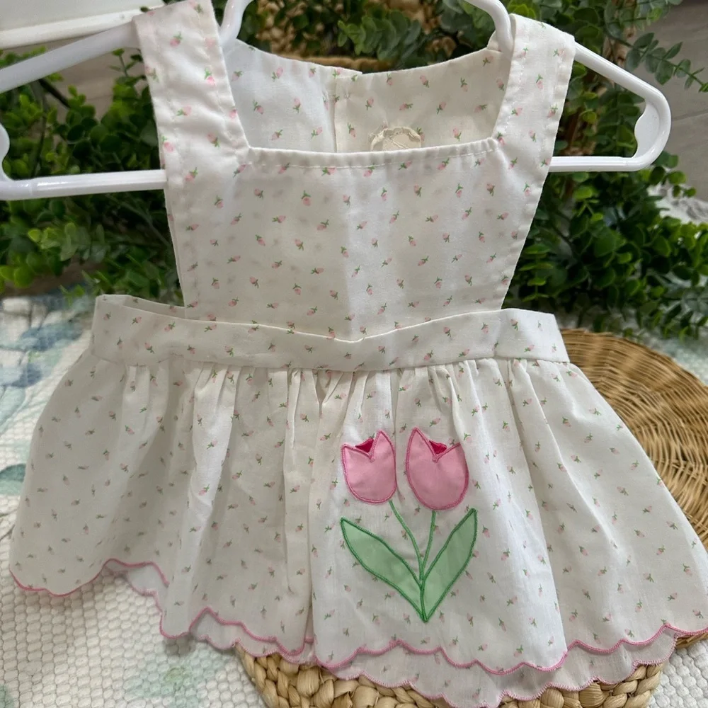 Vintage Baby Girl Delicate White Pink Tulip Floral Jumper Dress Size 9 Months